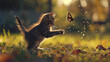 kitten chasing a butterfly on park with copy space