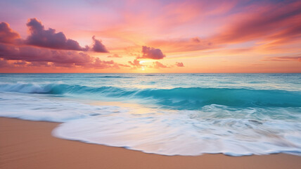 Sandy beach blue clouds gentle ocean waves and warm sunset