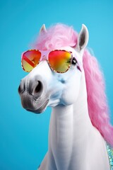  A quirky image of a white horse with vibrant pink mane wearing colorful sunglasses against a blue background