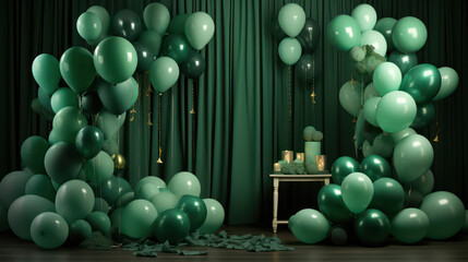 Luxurious background interior room with balloons and decorate. Photo-wall decoration for St. Patrick's Day, wedding, birthday, party. Beautiful decorative celebration concept. Generative AI