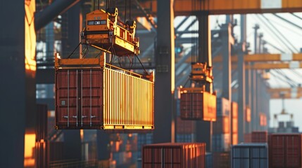 Detailed close-up of containers being hoisted by cranes, realistic cargo handling scene, photorealistic style Generative AI