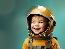 Happy Child In An Astronaut Helmet Smiling Brightly. Childhood Dreams And Imagination Theme. Design For Children's Book Cover, Educational Poster, Space-themed Party Invitation
