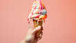 Variety of ice cream scoops in waffle cone isolated on plain background. Summer refreshment swirl splash. Generative AI