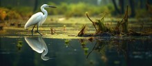 Egrets Searching For Food In Wetland