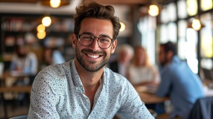 Poster - Photo concept of a man in a professional office environment, smiling warmly while engaging in a discussion with colleagues Generative AI