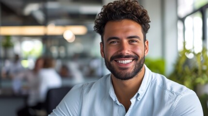 Poster - Photo concept of a man in an office cubicle, smiling confidently while working on paperwork and interacting with colleagues Generative AI
