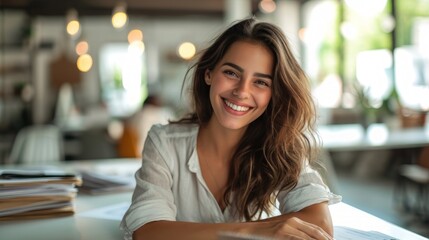 Poster - Photo concept of a woman in a professional office environment, smiling warmly while organizing paperwork at her desk Generative AI