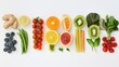 © Tung - The image displays an assortment of fruits and vegetables on a light background, including tomatoes, an orange, green beans, herbs, kiwis, a large leaf, ginger, beetroot, a carrot, blueberries, a lemo