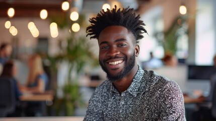 Poster - Realistic depiction of a man in a modern office space, smiling brightly while collaborating with coworkers at a shared workspace Generative AI