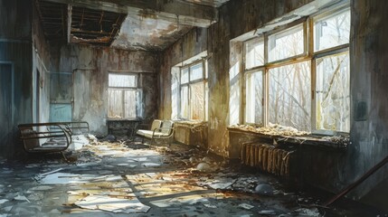 Ruins of Pripyat near Chernobyl, overgrown amusement park, ghostly atmosphere, desolation, atmospheric watercolor depiction Generative AI