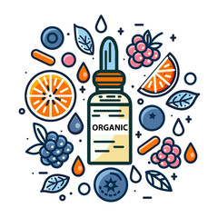 Organic product concept. Fruits, berries , essential oil, vitamins. Vector illustration in line art style on white background.