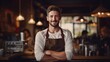 © brillianata - Barista portrait on a blurred background. Hipster barista man with beard.