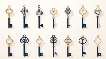 Set of icons: keys white background Super detailed modern flat illustration Generative AI