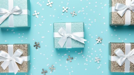  Elegant Gift Unboxing: Hands Revealing Craft Paper Box with White Ribbon on Pastel Blue Background, Ideal for Celebrations and Special Occasions - Copy Space Available