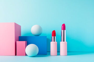 Makeup cosmetic products color background flat lay top view.woman beauty fashion decorative. Set of decorative cosmetics with makeup brushes on colorful background.