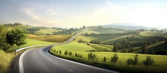 Wall Mural - Picturesque road through hilly countryside. Natural panoramic spring summer landscape.