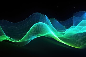 Canvas Print - Glowing green and blue mesh waves on a black background,