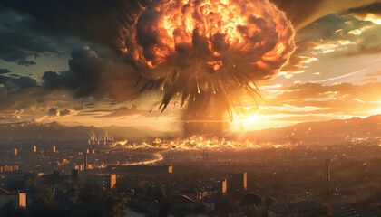 Wall Mural - Burning Skies - Mushroom cloud in a nuclear war, radioactive explosion, final apocalypse and armageddon