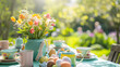 a delightful Easter breakfast table set outdoors in a sunny spring garden. The table is beautifully arranged with Easter-themed decorations, including a centerpiece of a vase filled with fresh tulips