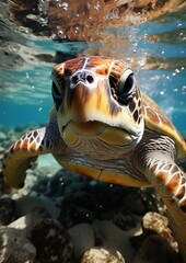 Wall Mural - Close-up of a sea turtle swimming underwater,