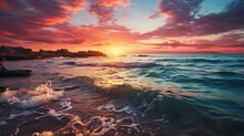 Vibrant Sunset Over The Ocean With Rocky Coast