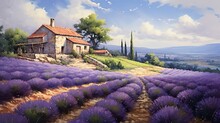 Idyllic Landscape Painting Of A Rustic Countryside Home Amidst Lavender Fields, With Cypress Trees And Rolling Hills Under A Sunny Sky