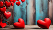 Valentines day background with two red hearts on wooden background