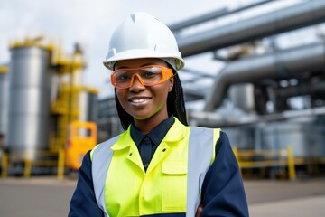 Wall Mural - Black female chemical engineer wearing hard hat and safety glasses at industrial plant