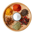 Round wooden plate with various spices - isolataed