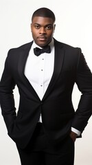 Poster - Stock image of a male model in elegant evening wear against a plain white background Generative AI