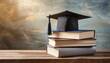 Stack of books with graduation cap on wooden table