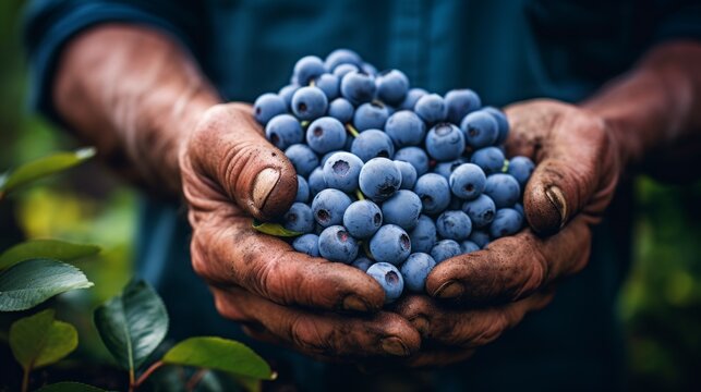 close-up of a man's hands holding a lot of blueberries, harvesting in the garden Generative AI