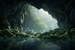A beautiful cave with green trees on a tropical island