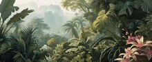 Watercolor Pattern Wallpaper. Painting Of A Jungle Landscape.