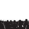 © Dani - vector silhouette of a crowd of people watching a music concert in front of the stage with cheering and waving hands, suitable for poster, banner or advertising elements for concerts and parties