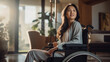 Asian Girl with disability Disabled person on a wheel chair in a living room