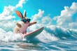 Cool Easter bunny with sunglasses surfing. He is really enjoying his vacation.