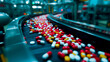 Pharmaceutical production line with pills and capsules, concept of medical industry and technology. Shallow field of view.	