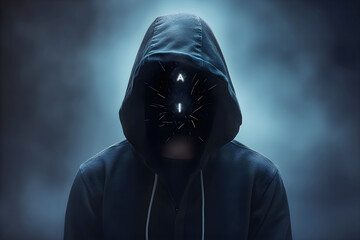 A man in a black hoodie has no face. Smoke background and backlight. Text AI glows on black face areas. Hacker, scammer, computer virus or spyware. Soft focus and blurred.