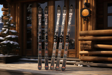 Sticker - A pair of skis propped against a log cabin, signaling the anticipation of winter sports and outdoor activities during the holiday break. Generative Ai.