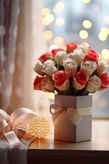 Wall Mural - closeup vertical of a beautiful bouquet of white and pink roses flowers in a box with bow on windowsill on blurred background