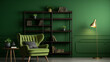 © FH Multimedia - Shelving unit with books, clock and blank frame near green wall in room, Green sofa and chair against green wall with book shelf, Ai generated image