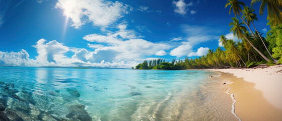 Paradise beach with palm trees and blue sky