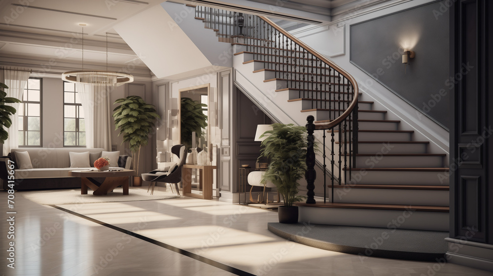 staircase in a hotel, Luxury interior, entrance hall of modern rustic ...