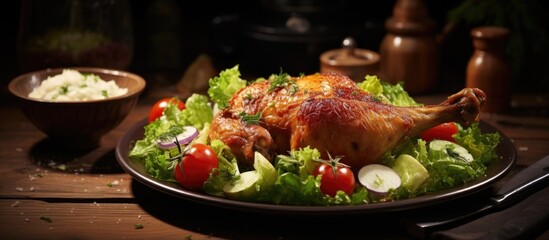 Wall Mural - Chicken leg with salad in a plate.