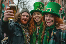 Happy People In St Patrick's Day Outfits With Beer Taking Selfie Outdoors