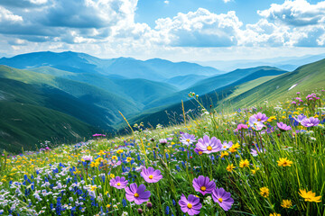 Wall Mural - Summer landscape with flowers in the mountains