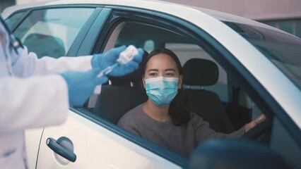 Poster - Doctor, car and woman with vaccine vial for injection, booster shot or covid disease protection, safety or security. Medicine, health support and nurse with immunization syringe for patient driver