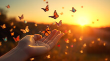 Human Hands Releasing Group Of Butterflies Over Sunset, Hope Freedom Concept