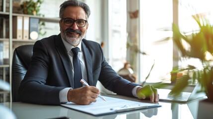 Happy satisfied middle aged professional business man executive ceo manager, lawyer wearing suit sitting at desk signing law document writing signature making legal agreement corporate deal in office